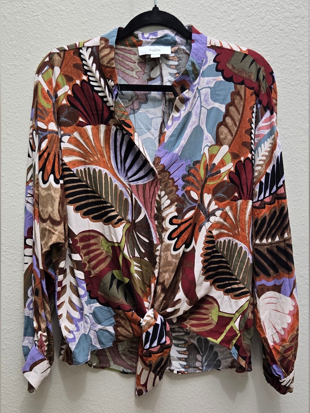 CeCe Multicolor Leaf-Print Tie-Front Blouse - Brown/Multi